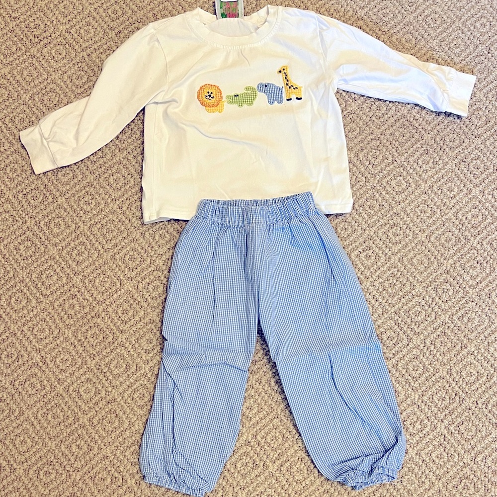 Cecil and Lou size 24 months animals appliqué shirt and blue gingham pants